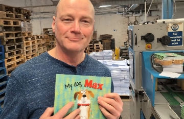 alan dapre at Bell and Bain printers getting his new book My Dog Max printed. Glasgow